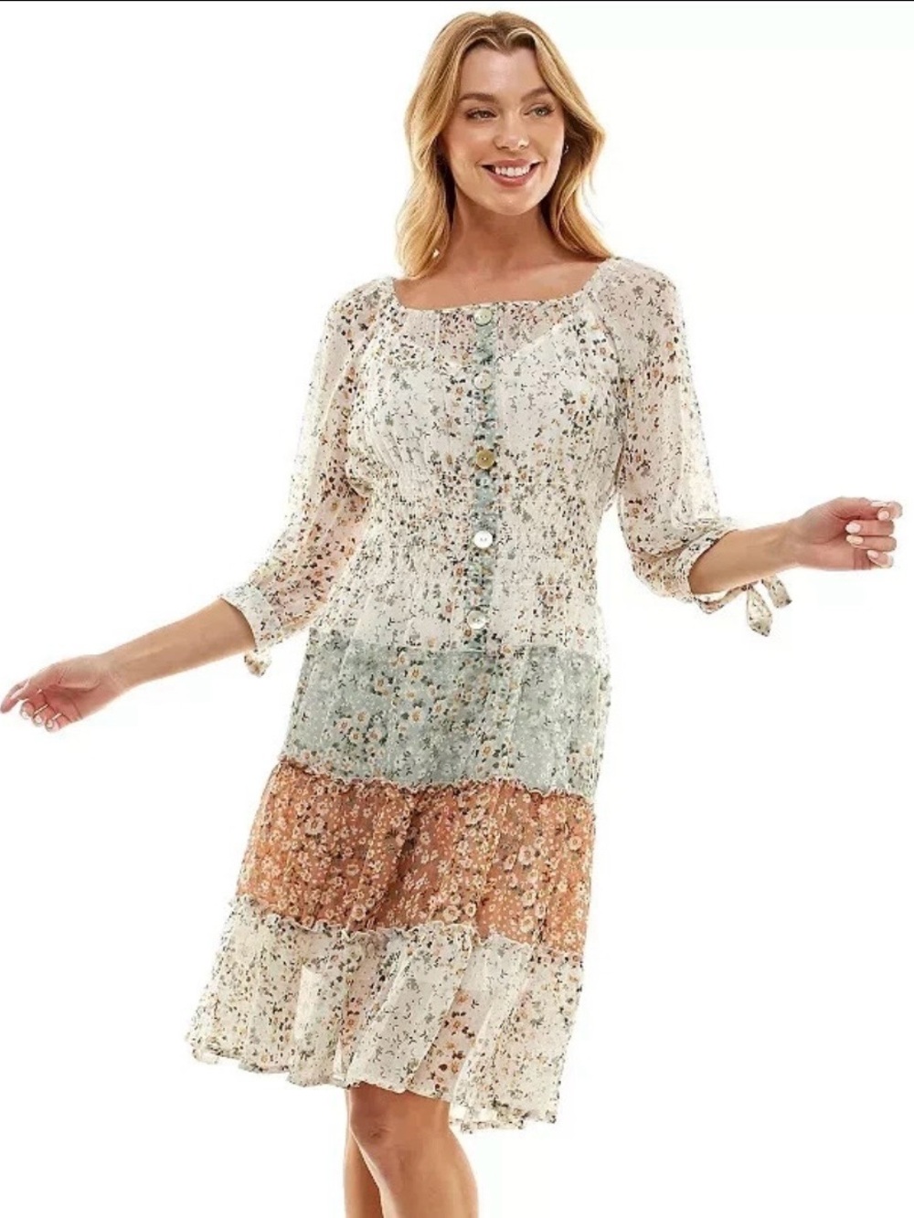 fig and flower Tiered Patchwork Midi Dress Size XL Cottagecore Prairie Smocked